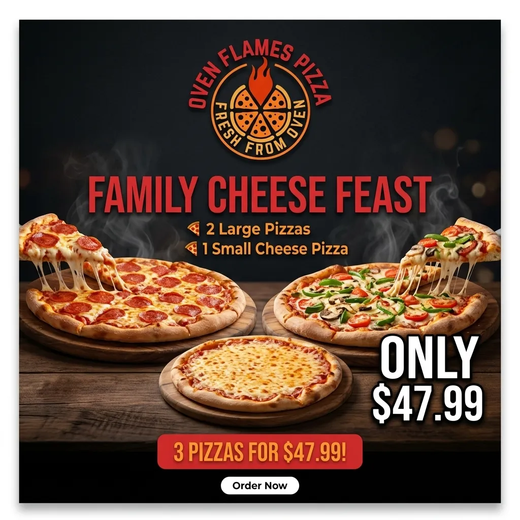 Family Cheese Feast — 2 large pizzas and 1 small cheese pizza for $47.99 at Oven Flames Pizza Marlborough, Calgary NE