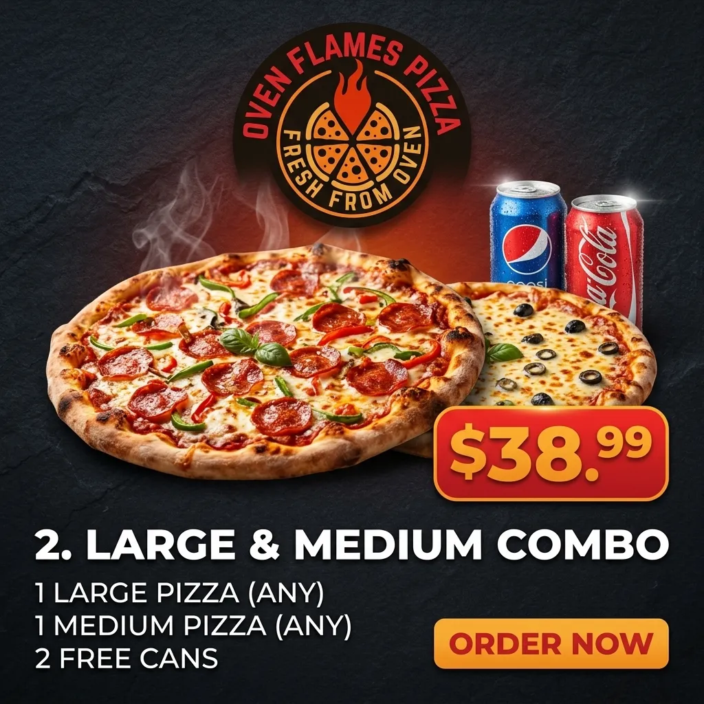 Large & Medium Combo — 1 large pizza, 1 medium pizza and 2 free cans for $38.99 at Oven Flames Pizza Marlborough, Calgary NE
