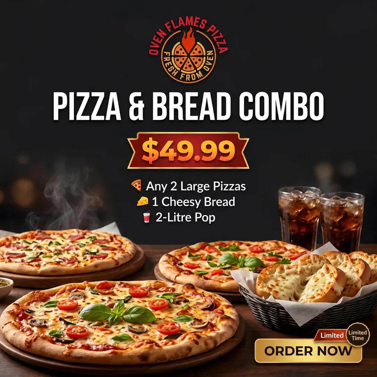 Pizza & Bread Combo — any 2 large pizzas, 1 cheesy bread and a 2-litre pop for $44.99 at Oven Flames Pizza Marlborough, Calgary NE