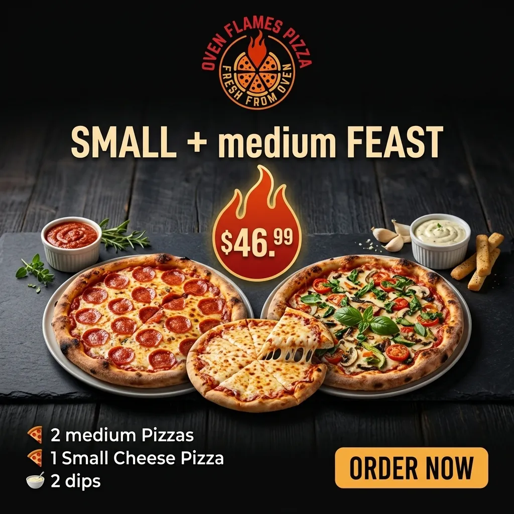 Small + Medium Feast — 2 medium pizzas, 1 small cheese pizza and 2 dips for $46.99 at Oven Flames Pizza Marlborough, Calgary NE
